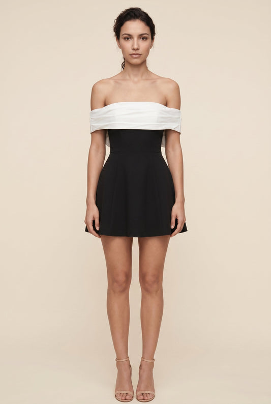 Daelyn Off-Shoulder Bow Mini Dress - Black and White