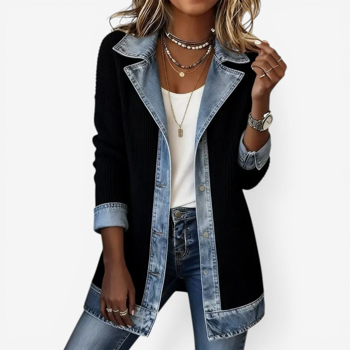Dagmar Contrast Lapel Knit Jacket - Black