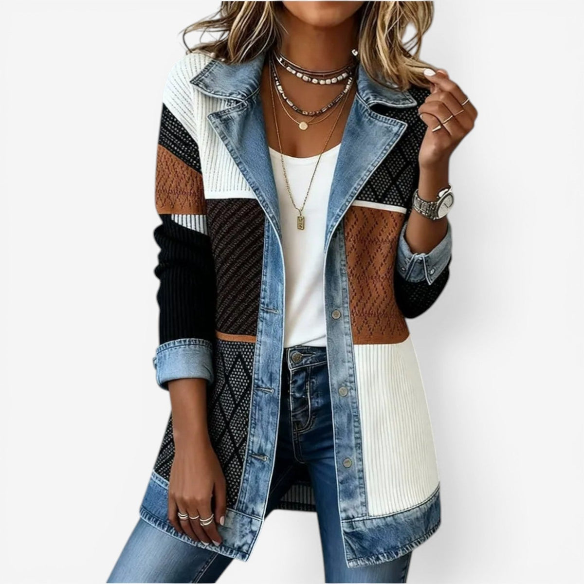 Dagmar Contrast Lapel Knit Jacket - Black and Brown Colorblock