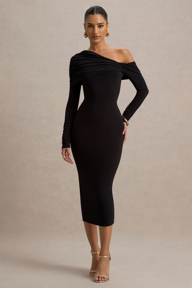 Dalanna Off Shoulder Bodycon Midi Dress - Black