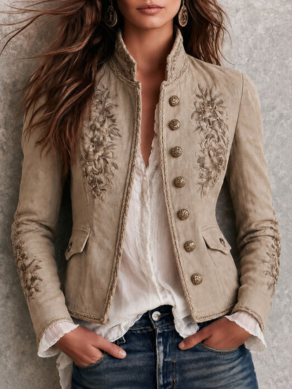Daria Embroidered Suede-Look Jacket - Beige