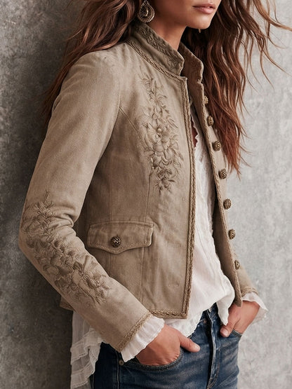 Daria Embroidered Suede-Look Jacket - Beige