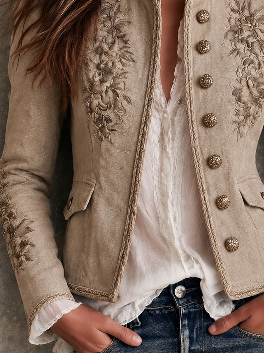 Daria Embroidered Suede-Look Jacket - Beige