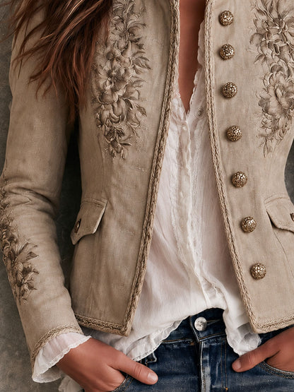 Daria Embroidered Suede-Look Jacket - Beige