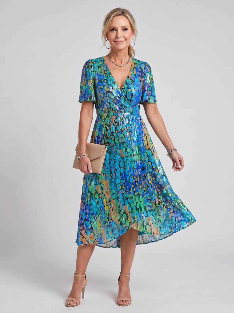 Dawn Flutter Sleeve Floral Midi Dress - Blue Green Print
