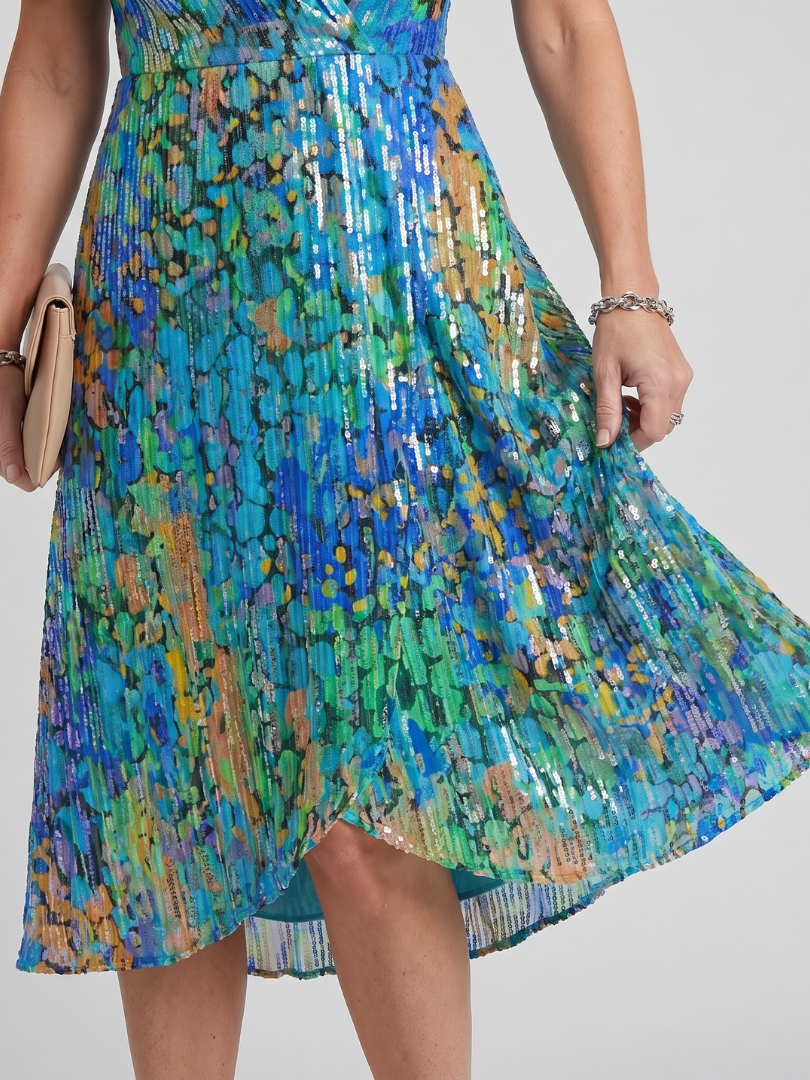 Dawn Flutter Sleeve Floral Midi Dress - Blue Green Print