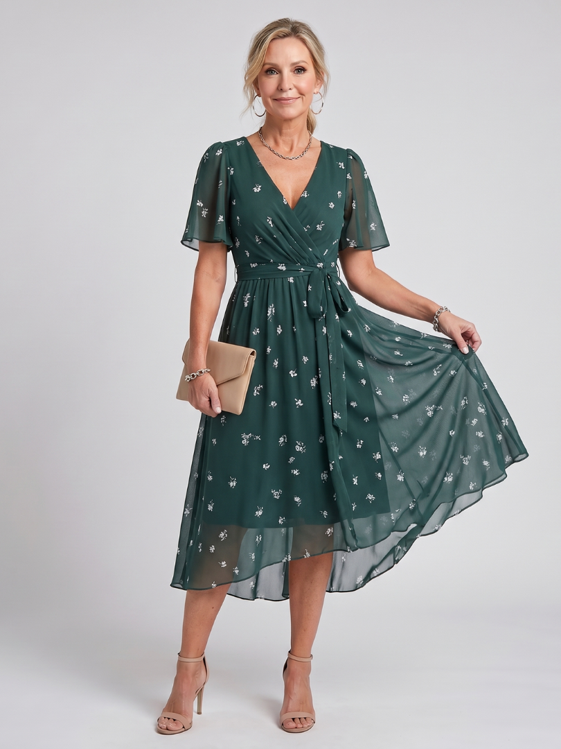 Dawn Flutter Sleeve Floral Midi Dress - Dark Green Floral