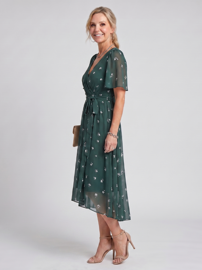 Dawn Flutter Sleeve Floral Midi Dress - Dark Green Floral