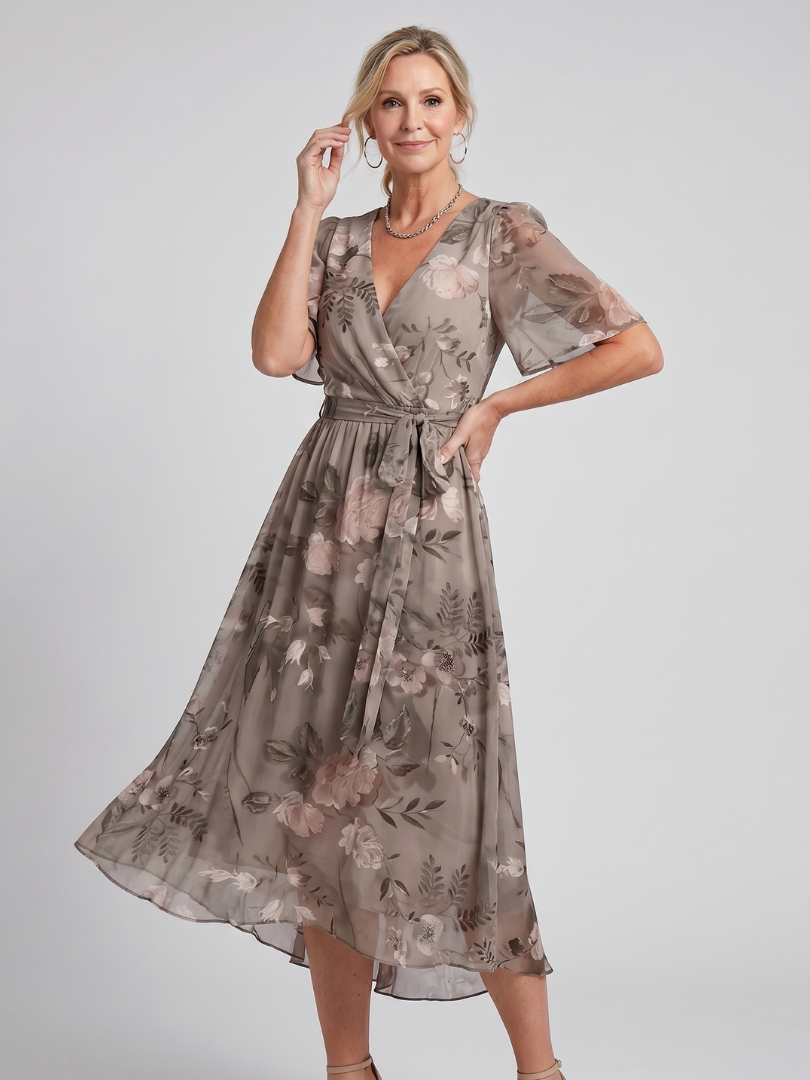 Dawn Flutter Sleeve Floral Midi Dress - Gray Floral