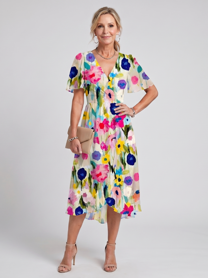 Dawn Flutter Sleeve Floral Midi Dress - Ivory Floral