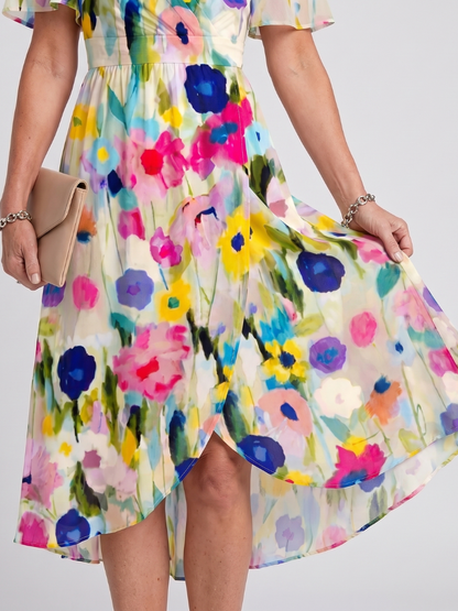 Dawn Flutter Sleeve Floral Midi Dress - Ivory Floral