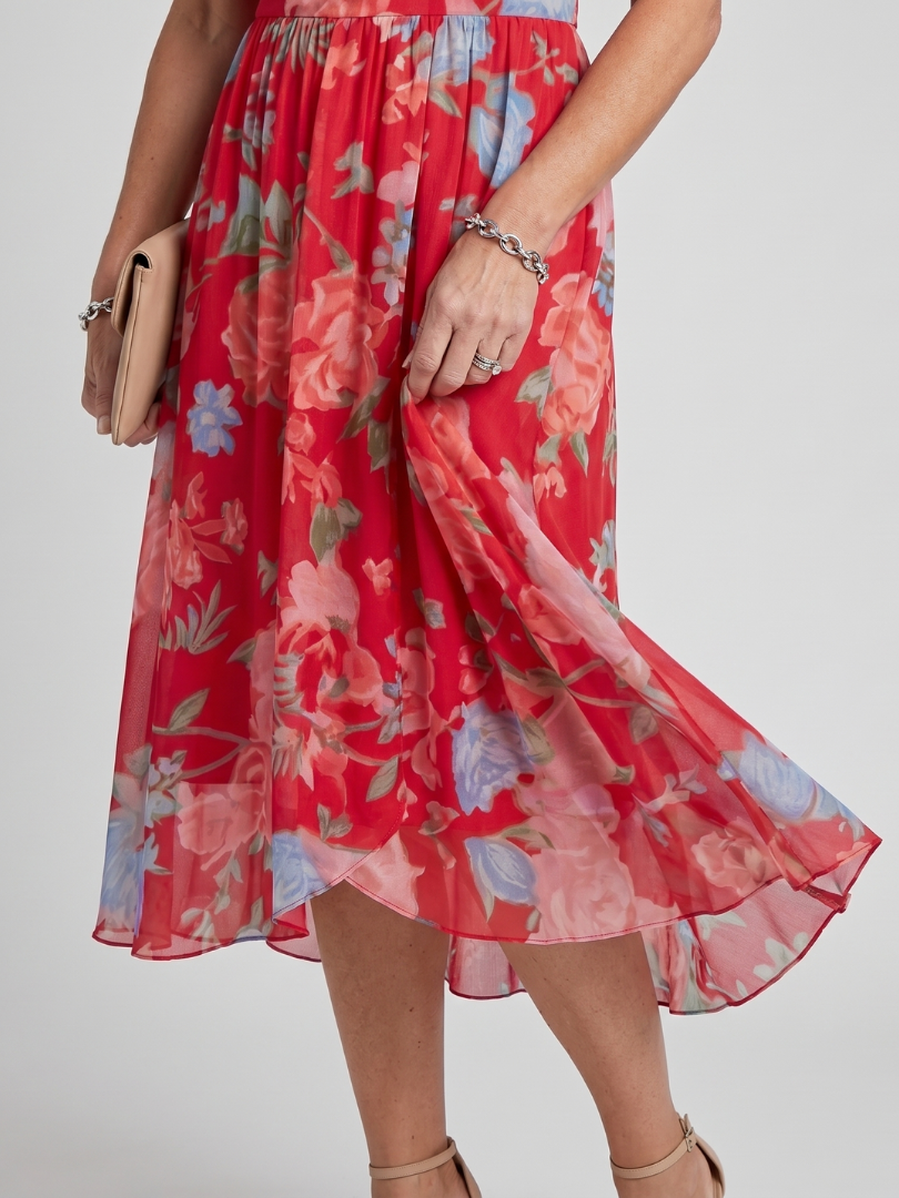 Dawn Flutter Sleeve Floral Midi Dress - Red Floral