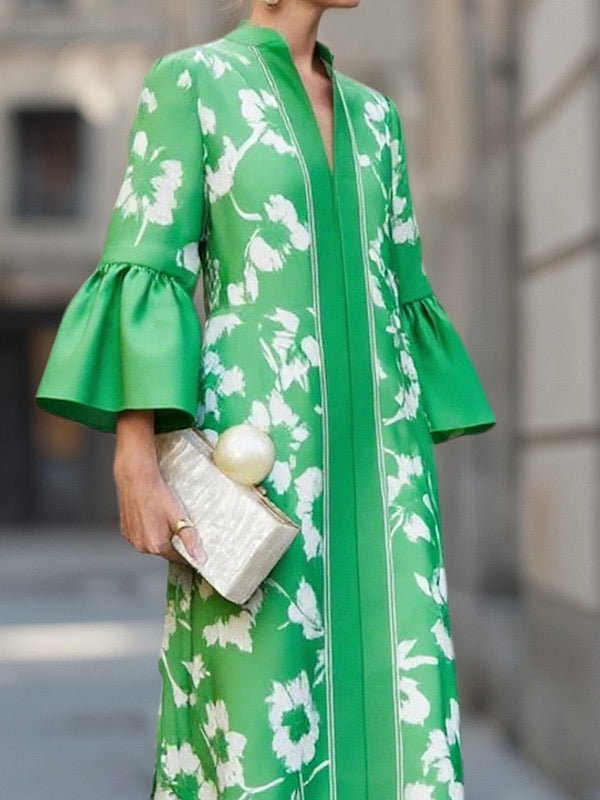 Deandra Floral Bell Sleeve Maxi Dress - Green Floral