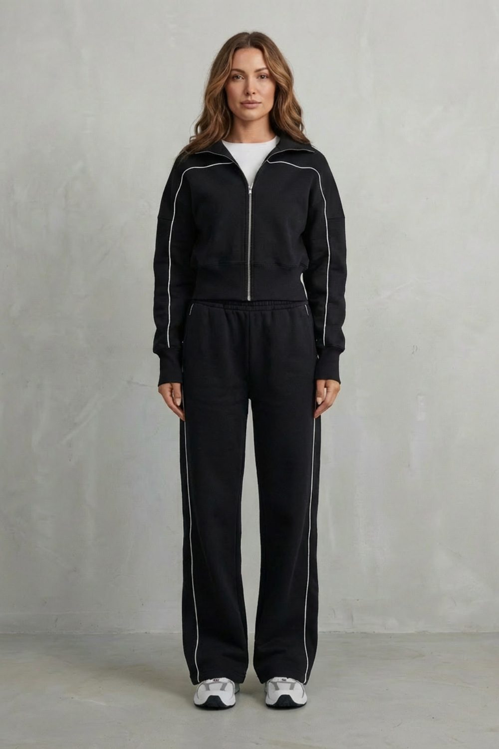 Deanna Contrast Piping Tracksuit Set - Black
