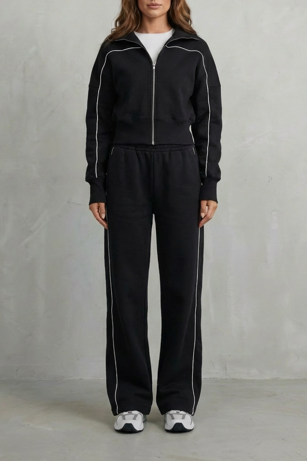 Deanna Contrast Piping Tracksuit Set - Black