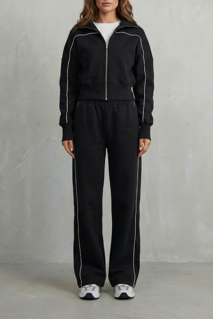 Deanna Contrast Piping Tracksuit Set - Black