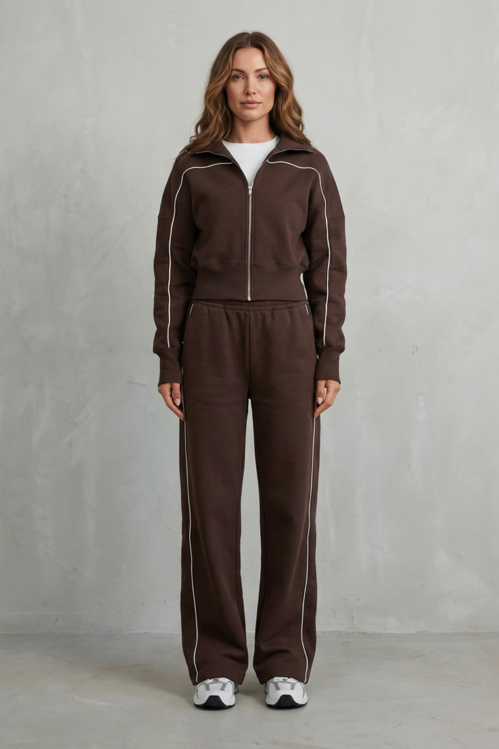 Deanna Contrast Piping Tracksuit Set - Chocolate Brown