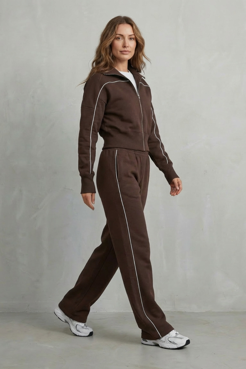Deanna Contrast Piping Tracksuit Set - Chocolate Brown