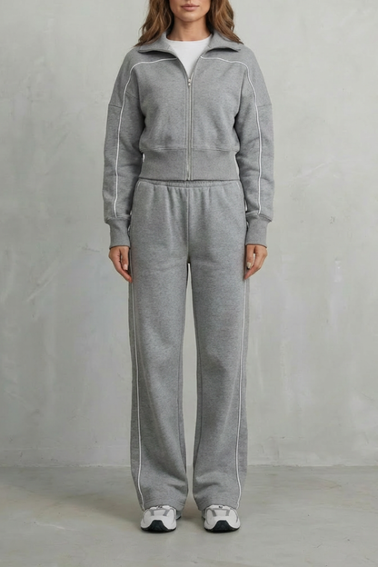 Deanna Contrast Piping Tracksuit Set - Gray