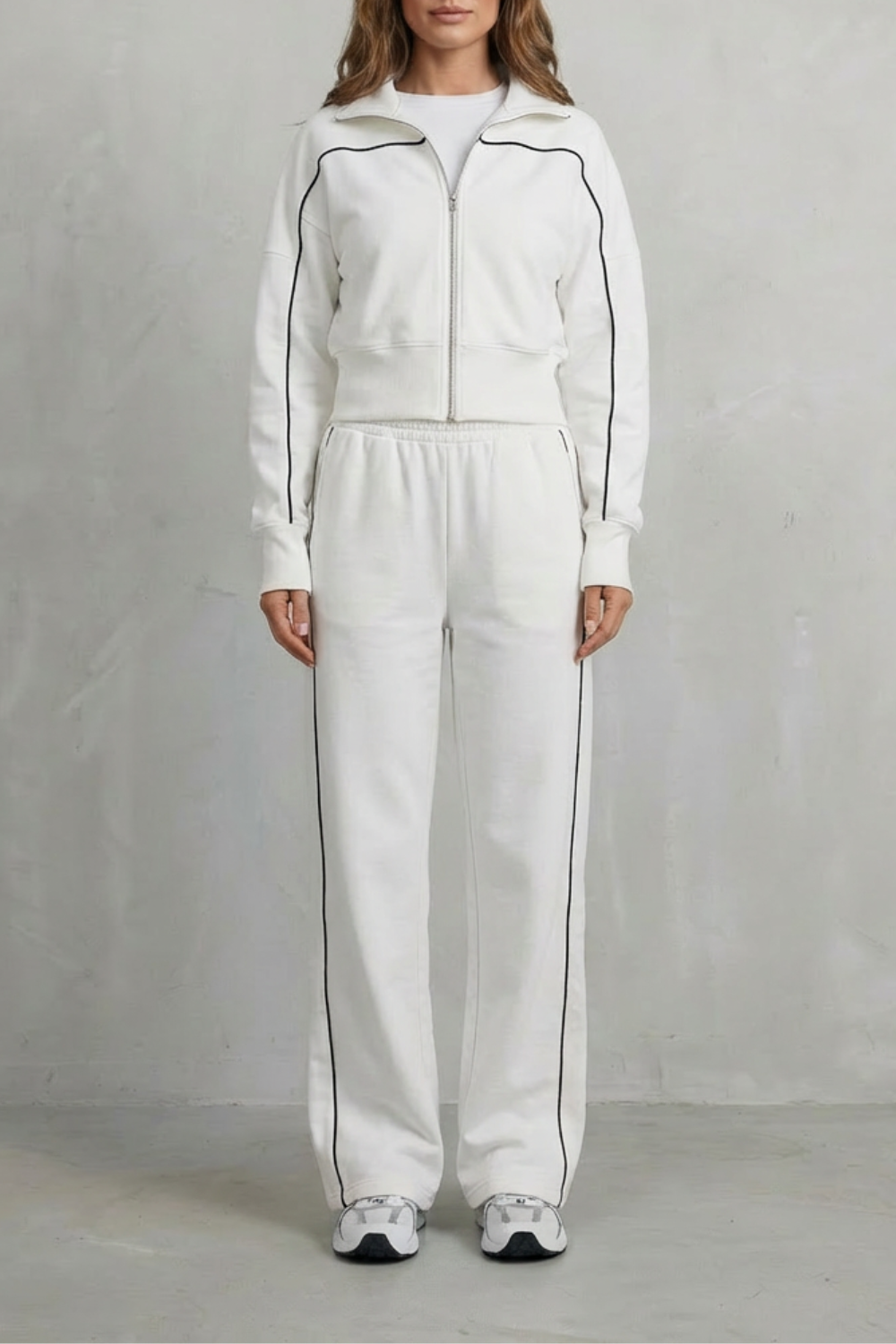 Deanna Contrast Piping Tracksuit Set - White