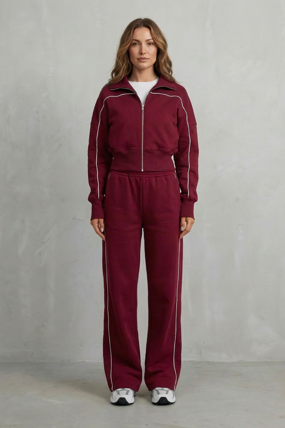 Deanna Contrast Piping Tracksuit Set - Wine Red