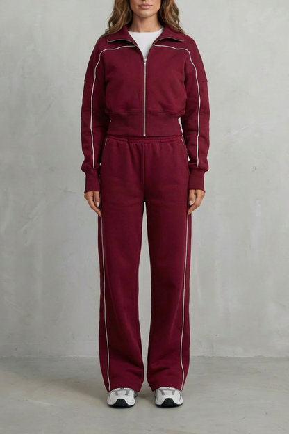 Deanna Contrast Piping Tracksuit Set - Wine Red