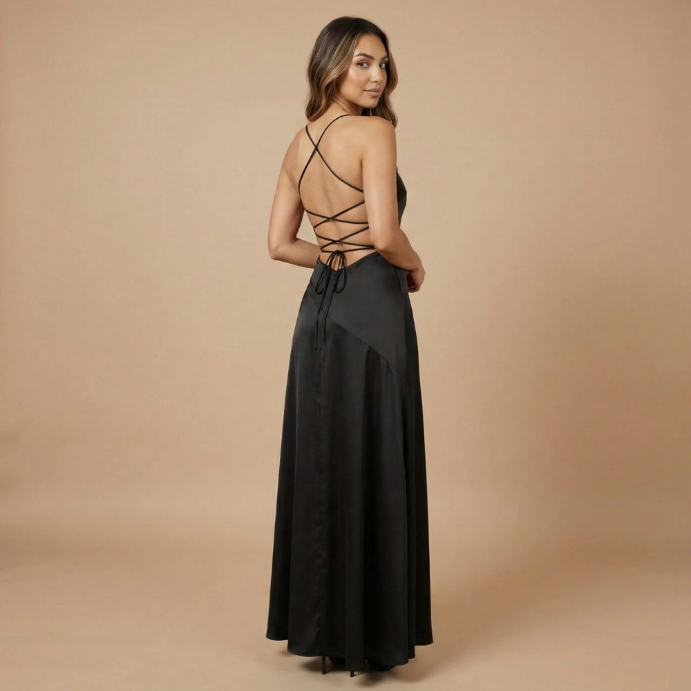 Women's Satin Ruched Maxi Dress with Lace-Up Back – Amari The Label