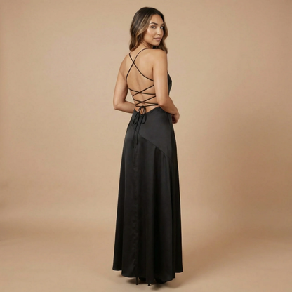 Yellow ruched maxi dress with cowl neckline and spaghetti straps