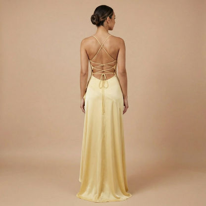 Back view of yellow maxi dress with lace-up strappy back detail