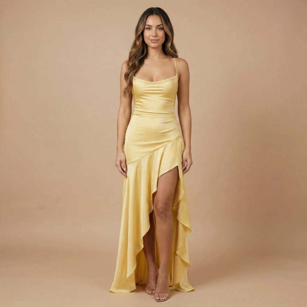 Back view of yellow maxi dress with lace-up strappy back detail