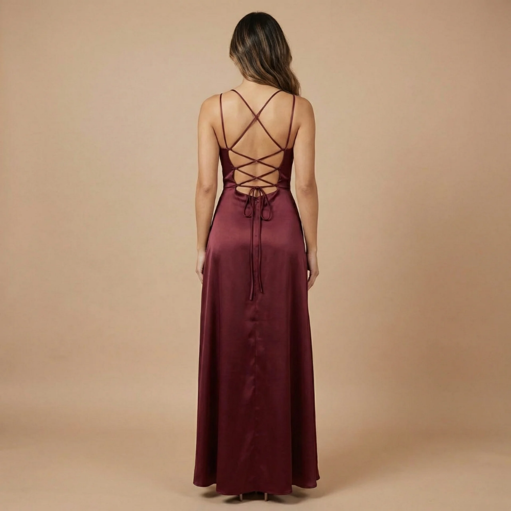 Women's Satin Ruched Maxi Dress with Lace-Up Back – Amari The Label