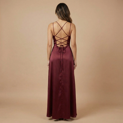 Terracotta satin maxi dress with ruched bodice and flowing asymmetrical hem