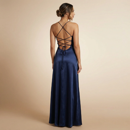 Black satin ruched maxi dress with cowl neckline and high-low ruffled hem