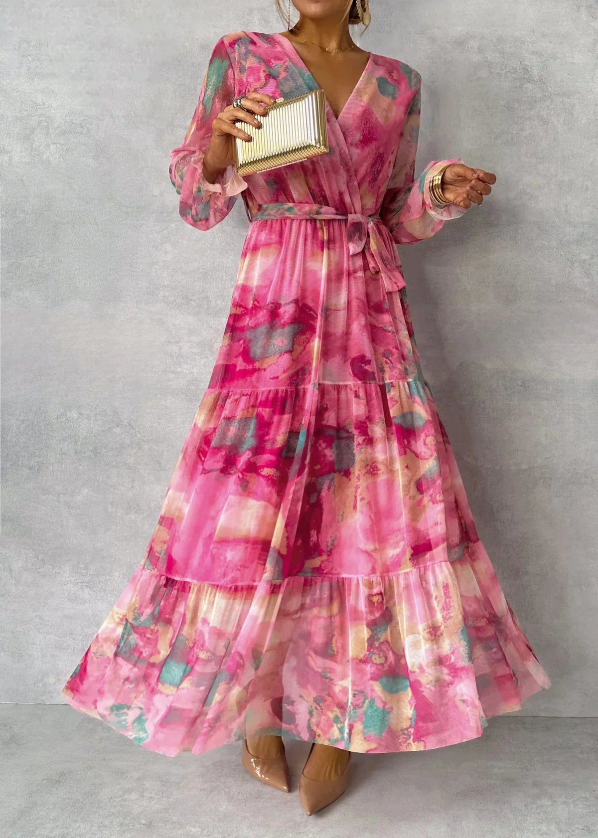 Delna Pleated Floral Belted Maxi Dress - Fuchsia Floral