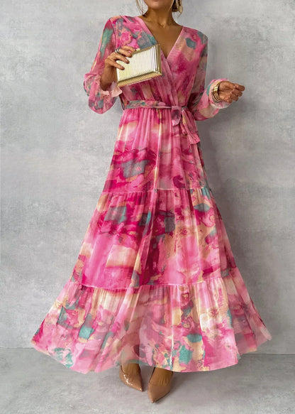 Delna Pleated Floral Belted Maxi Dress - Fuchsia Floral