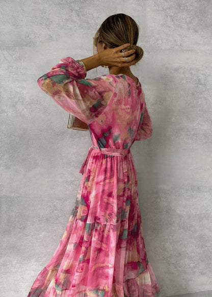 Delna Pleated Floral Belted Maxi Dress - Fuchsia Floral