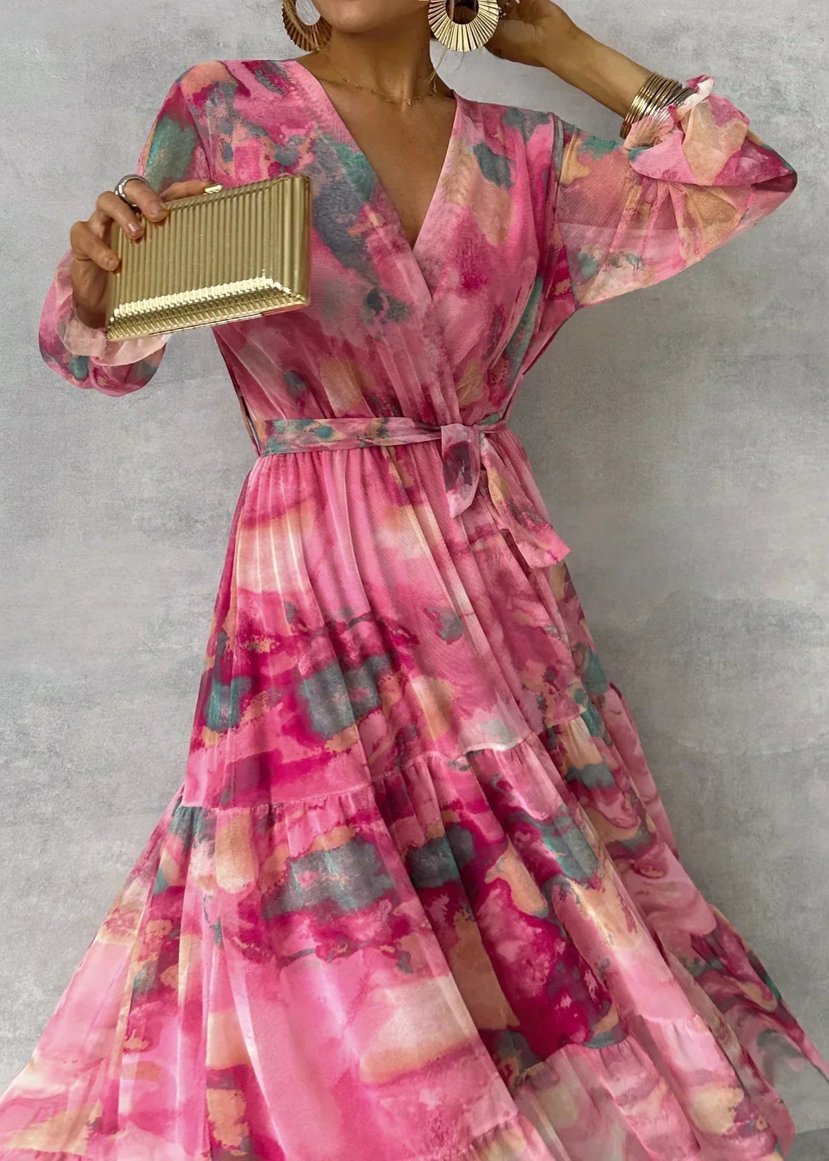 Delna Pleated Floral Belted Maxi Dress - Fuchsia Floral