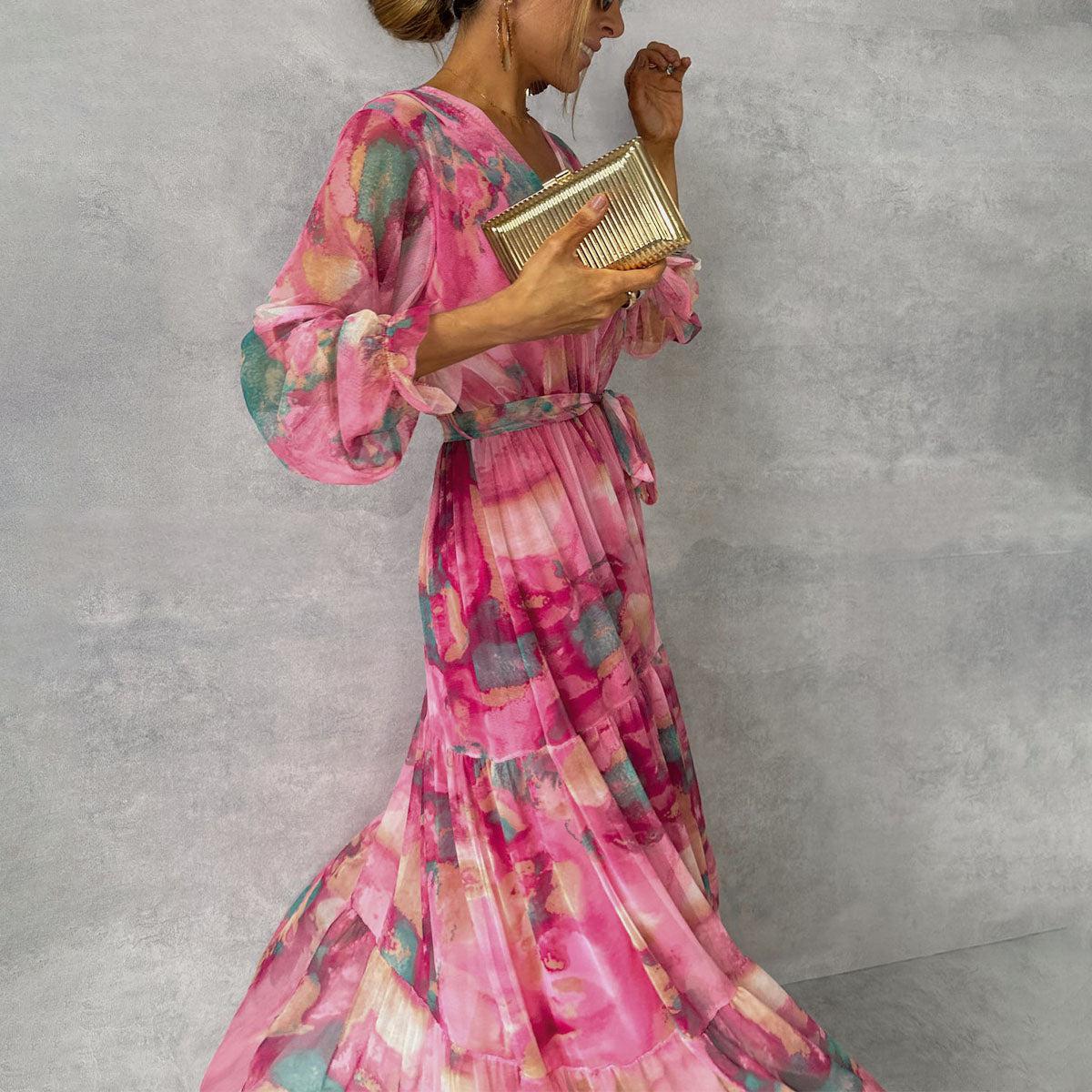 Delna Pleated Floral Belted Maxi Dress - Fuchsia Floral