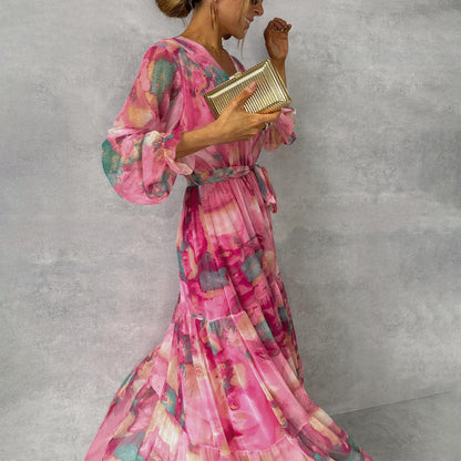 Delna Pleated Floral Belted Maxi Dress - Fuchsia Floral
