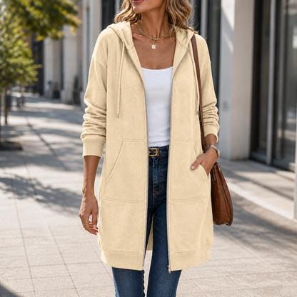 Delphi Zip-Front Hooded Longline Cardigan - Beige