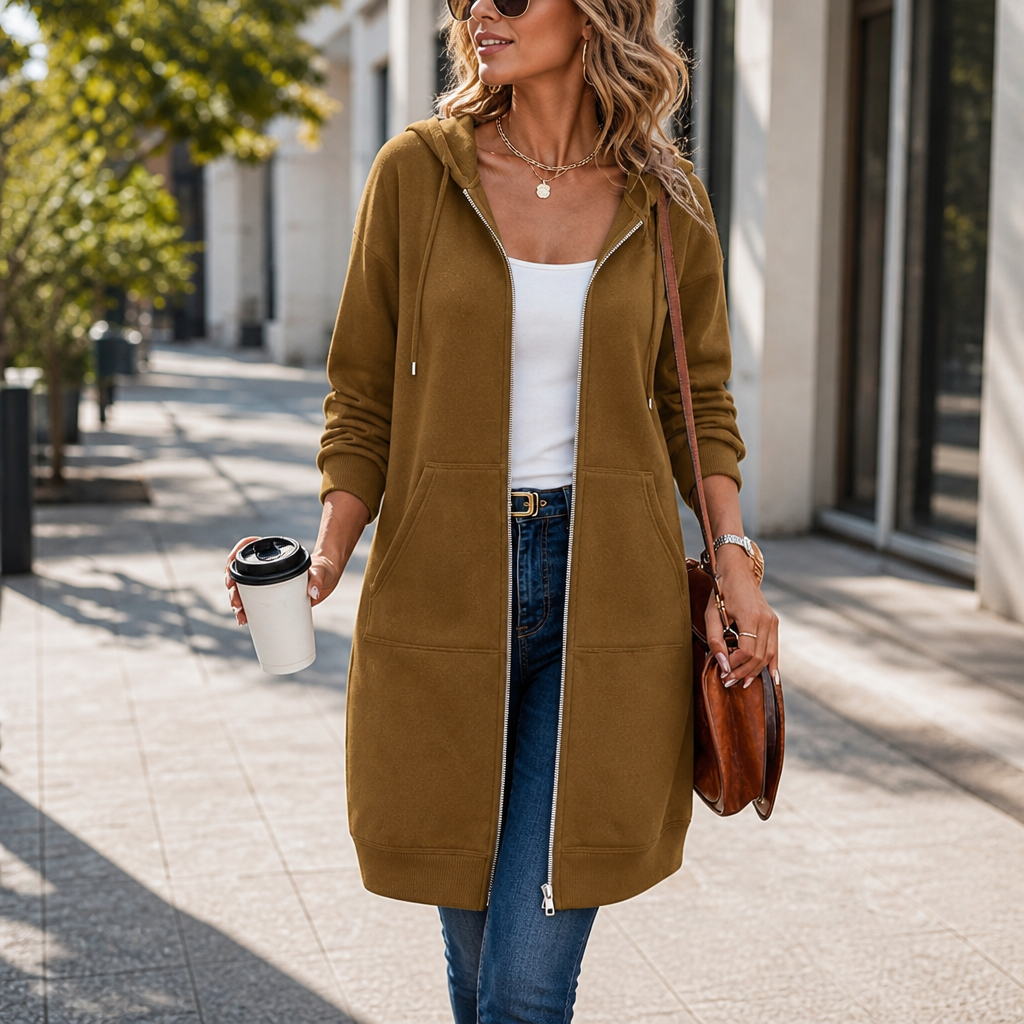Delphi Zip-Front Hooded Longline Cardigan - Olive Brown