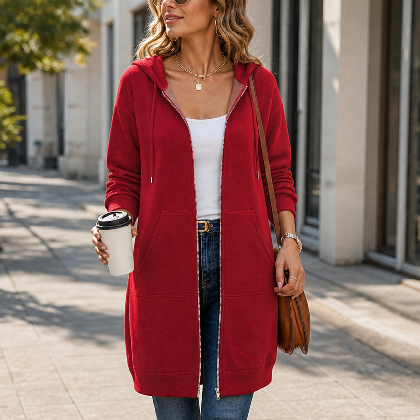 Delphi Zip-Front Hooded Longline Cardigan - Red