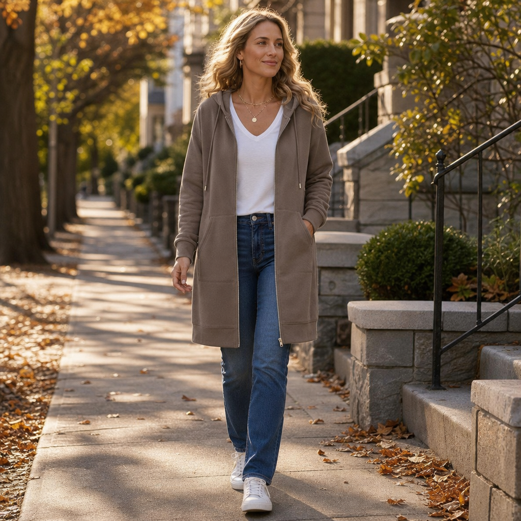 Delphi Zip-Front Hooded Longline Cardigan - Taupe