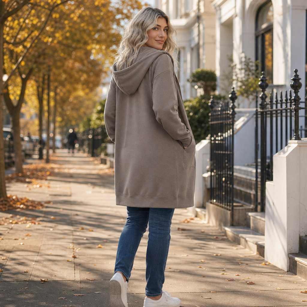 Delphi Zip-Front Hooded Longline Cardigan - Taupe