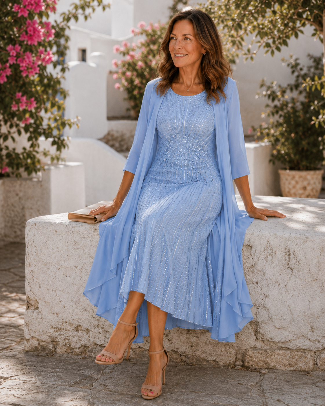 Demelza Shimmer Midi Dress And Duster Set - Periwinkle Blue