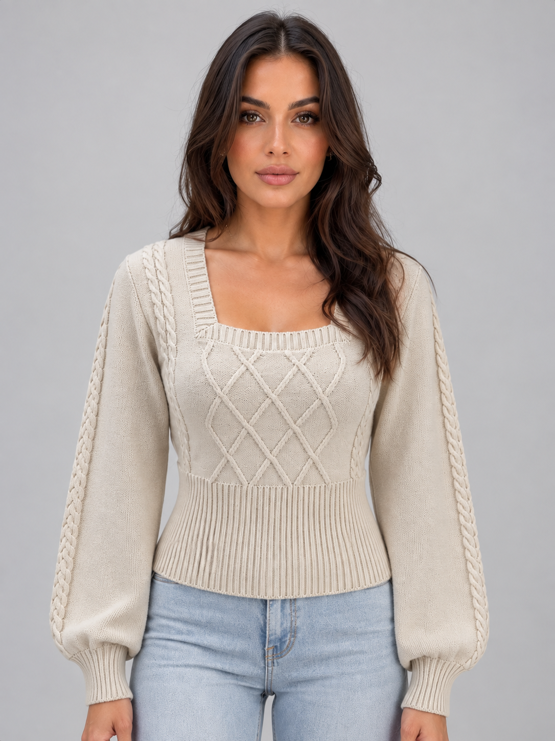 Demetra Square Neck Cable Knit Sweater - Cream