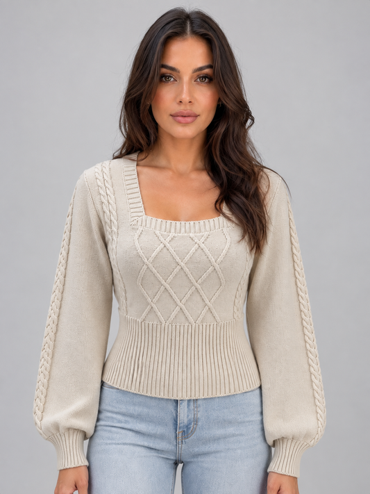 Demetra Square Neck Cable Knit Sweater - Cream