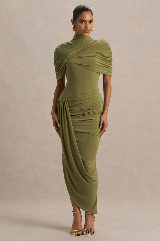 Demetria Draped Cape Midi Dress - Olive