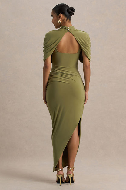 Demetria Draped Cape Midi Dress - Olive
