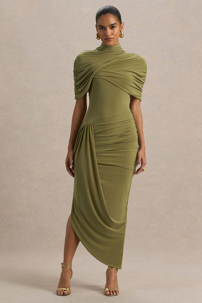 Demetria Draped Cape Midi Dress - Olive